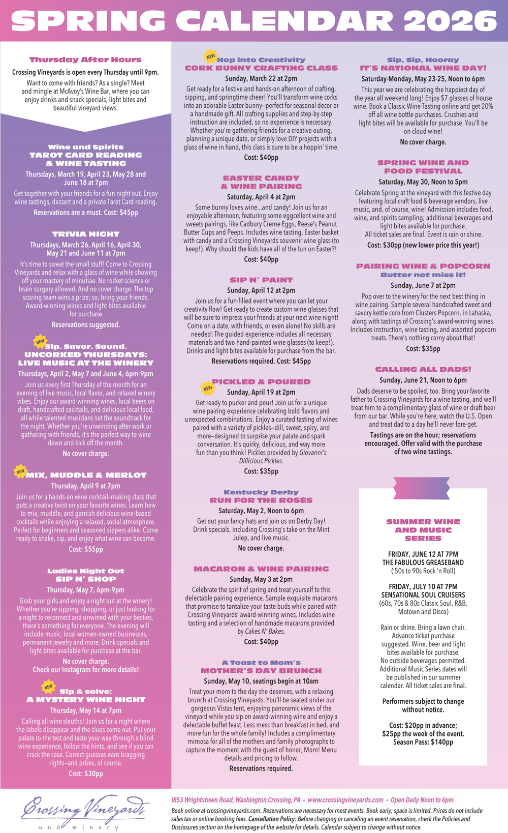 Crossing Vineyards' Spring 2026 Calendar of Events