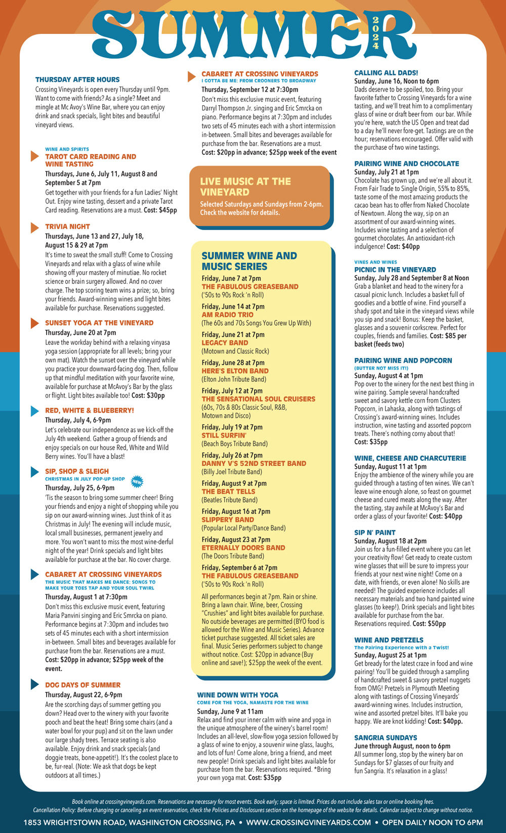 Crossing Vineyards' Summer 2024 Calendar of Events